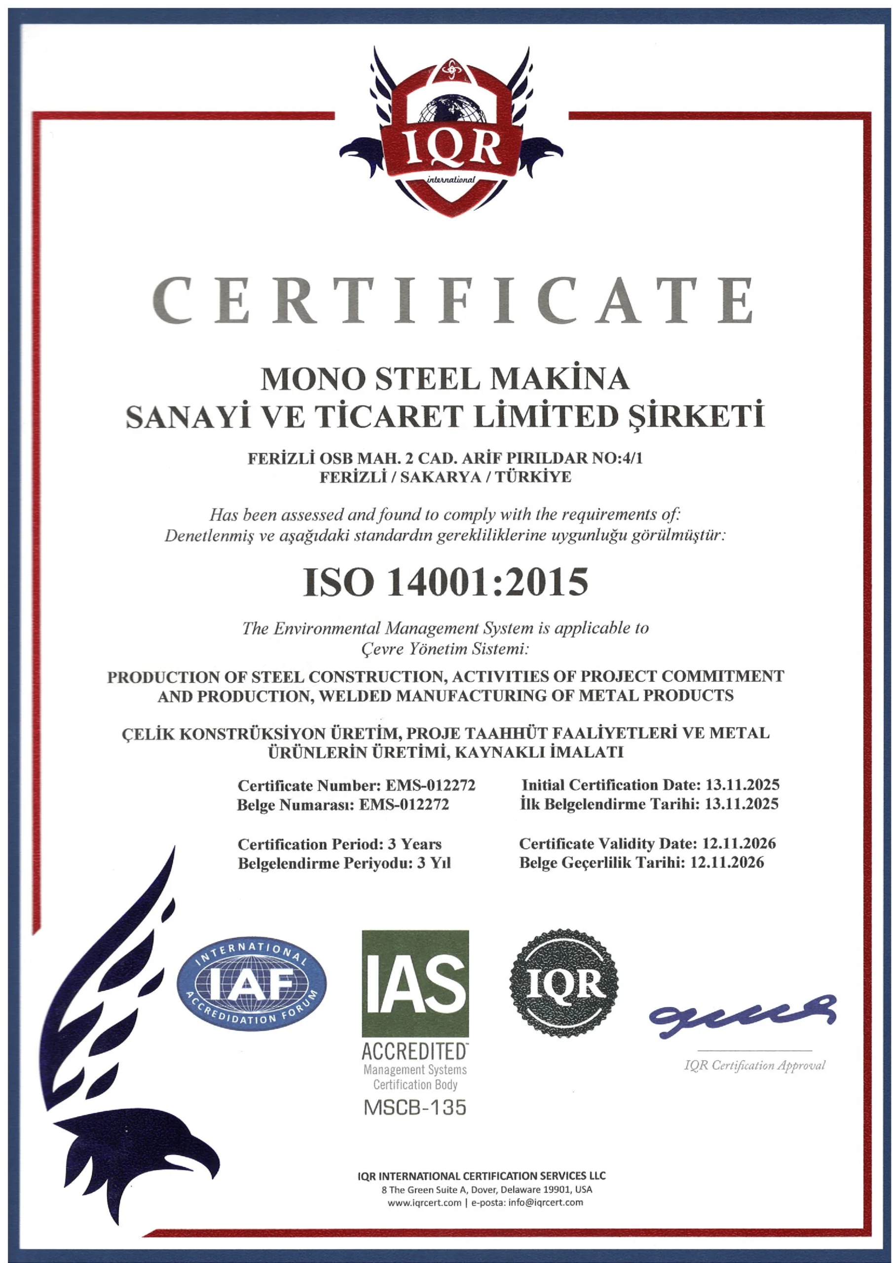ISO 14001 Certificate