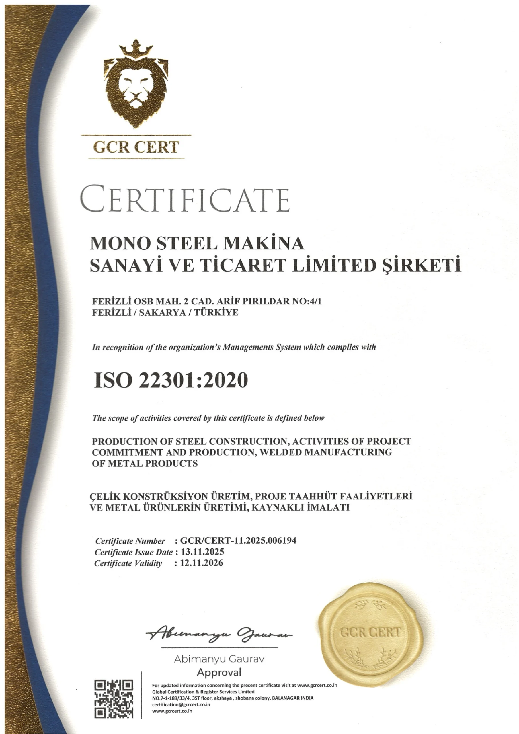 ISO 22301 Certificate