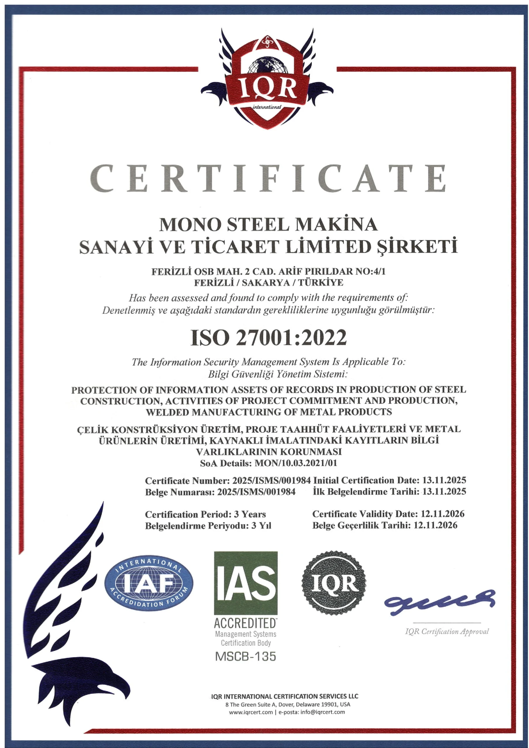 ISO 27001 Certificate
